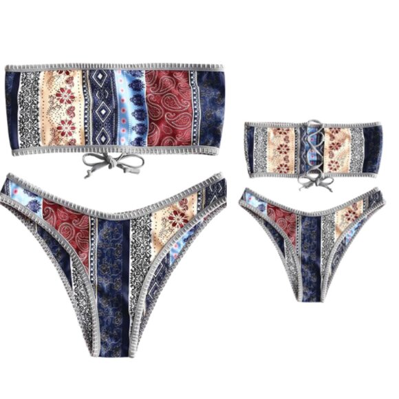 🆕ZAFUL Women’s Strapless Bandeau Bikini- Ribbed, Lace-Up, High Cut NWT, Size Sm - Picture 1 of 1